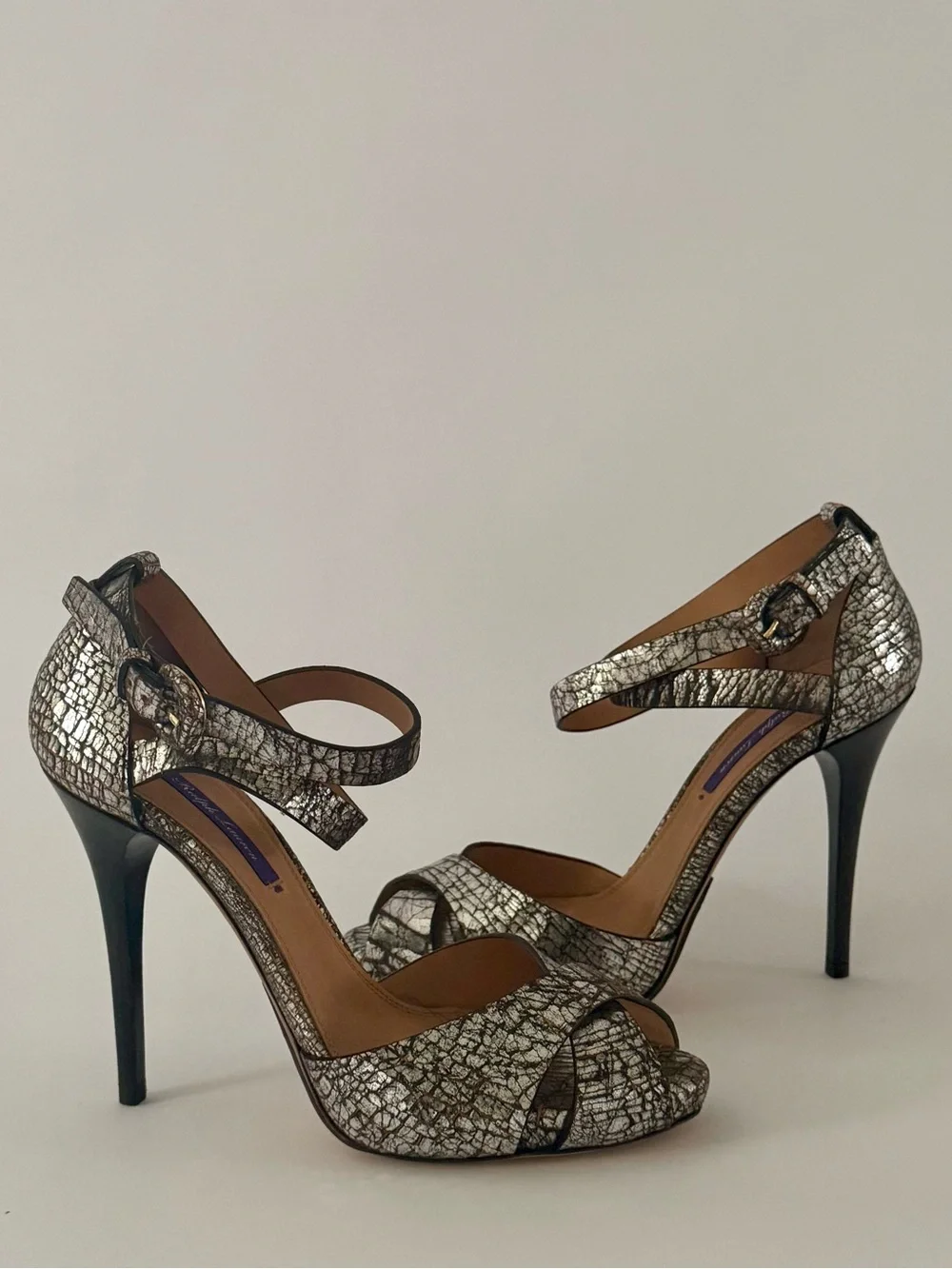 Ralph Lauren Collection Crackled Metallic Silver Stiletto High Heels 120mm 39B